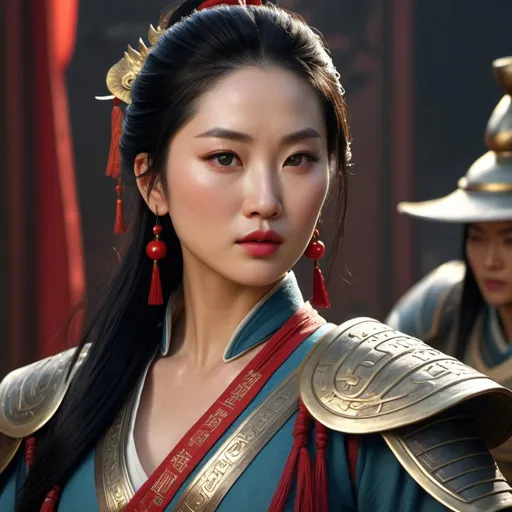 Prompt: HD 4k 3D, hyper realistic, professional modeling, enchanted ancient Chinese dynasty warrior Princess - Hua Mulan, beautiful, magical, detailed, highly realistic woman, high fantasy background, Chinese nomad, elegant, ethereal, mythical, Greek goddess, surreal lighting, majestic, goddesslike aura, Annie Leibovitz style 