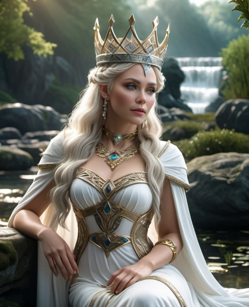 Prompt: Frigg Norse beloved Queen Goddess,  hyper realistic, HD 4k 3D, professional modeling, ethereal, white hair, white skin, gorgeous face, gorgeous jewelry and crown, full body, ambient glow, castle in the wetlands landscape, detailed, elegant, ethereal, mythical, goddess, surreal lighting, majestic, goddesslike aura