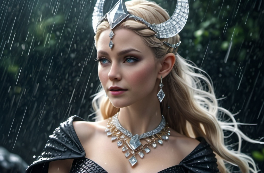 Prompt: Hnoss Norse Goddess of Jewels, hyper realistic, HD 4k 3D, professional modeling, ethereal, shiny black topsy tail hair, pale skin, gorgeous face, gorgeous jewelry and headpiece of diamonds, standing in the rain, covered in diamonds, ambient glow, detailed, elegant, ethereal, mythical, goddess, radiant lighting, majestic, goddesslike aura, Norse Mythology