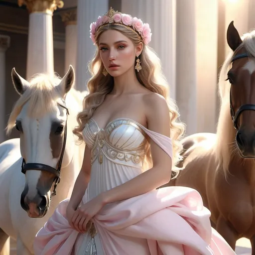 Prompt: HD 4k 3D, hyper realistic, professional modeling, ethereal Greek sister Princesses, shining hair, white skin, gorgeous face, bridal gowns, pink calcite jewelry and headbands, full body, horses, cherubs, surrounded by divine glow, detailed, elegant, ethereal, mythical, Greek, goddess, surreal lighting, majestic, goddesslike aura