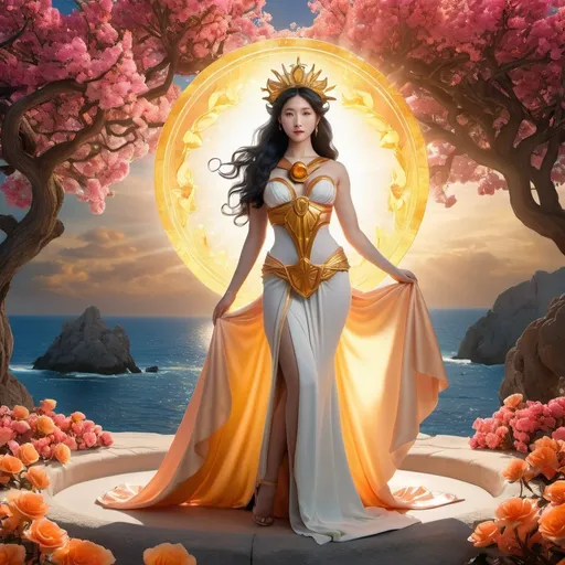 Prompt: HD 4k 3D 8k professional modeling photo hyper realistic beautiful woman enchanted Venus Princess Minako, ethereal greek goddess, full body surrounded by ambient glow, magical, highly detailed, intricate, beautiful Sailor Venus style, Venus, colorful flowers, light manipulation effect, outdoor landscape, highly realistic woman, high fantasy background, elegant, mythical, surreal lighting, majestic, goddesslike aura, Annie Leibovitz style 

