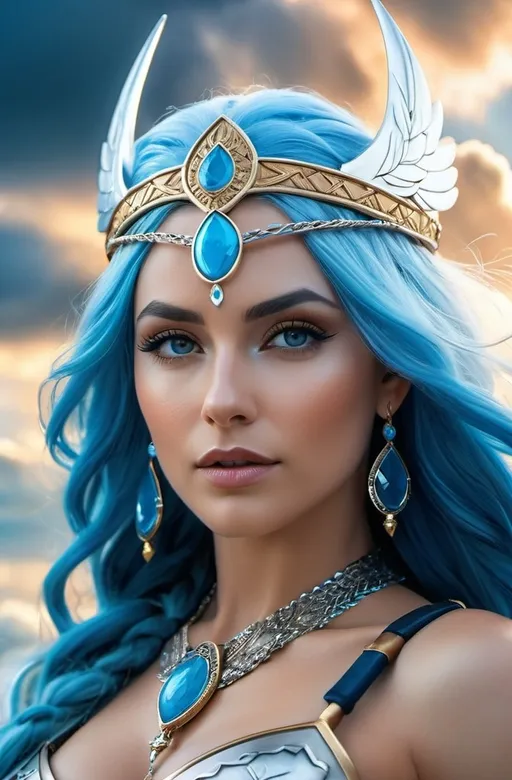 Prompt: Nanna Norse Goddess of daring, hyper realistic, HD 4k 3D, professional modeling, ethereal, bright blue hair, mixed skin, gorgeous face, gorgeous jewelry and tiara, powerful warrior Valkyrie in clouds, ambient divine glow, detailed and intricate, elegant, ethereal, mythical, goddess, radiant lighting, majestic, goddesslike aura, Norse Viking Mythology