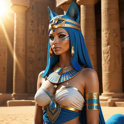 Prompt: HD 4k 3D, 8k, hyper realistic, professional modeling, ethereal Egyptian Sun Goddess Bastet, beautiful, glowing tan skin, blue hair, mythical clothing and jewelry, headband, catlike full body, cat companions, sunshine in background, surrounded by ambient divine glow, detailed, elegant, surreal dramatic lighting, majestic, goddesslike aura