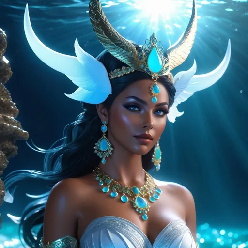 Prompt: Abyzou is the name of a female demon. Abyzou was blamed for miscarriages and infant mortality and was said to be motivated by envy, as she herself was infertile. hyper realistic, HD 4k 3D, professional modeling, ethereal, gorgeous face, Ocean jewelry and headpiece, ambient divine glow, detailed and intricate, elegant, ethereal, mythical, goddess, radiant lighting, majestic, goddesslike aura, she lives in a mystic ocean abyss