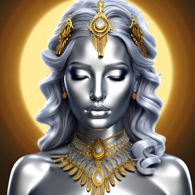 Prompt: HD 4k 3D, hyper realistic, professional modeling, ethereal Greek goddess, silver hair, black skin, glorious gold gown, gorgeous face, shining jewelry and tiara, full body, ambient glow, glorious cosmic light, beautiful bright sun goddess, powerful, detailed, elegant, ethereal, mythical, Greek, goddess, surreal lighting, majestic, goddesslike aura