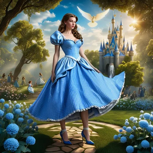 Prompt: HD 4k 3D 8k professional modeling photo hyper realistic beautiful woman enchanted, Oz Princess Dorothy Gale, Her trademark blue and white gingham dress is admired by the Munchkins because blue is their favorite color and white is worn only by good witches and sorceresses, which indicates to them that Dorothy is a good witch. Dorothy has a forthright and take-charge character, full body surrounded by ambient glow, magical, highly detailed, intricate, outdoor  landscape, high fantasy background, elegant, mythical, surreal lighting, majestic, goddesslike aura, Annie Leibovitz style 
