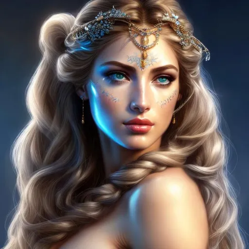 Prompt: HD 4k 3D, hyper realistic, professional modeling, ethereal Greek goddess of aim, blue ombre hair, fair freckled skin, gorgeous face, gorgeous archer armor,  rustic jewelry and tiara, full body, ambient glow, archery maiden, nymph, landscape, detailed, elegant, ethereal, mythical, Greek, goddess, surreal lighting, majestic, goddesslike aura