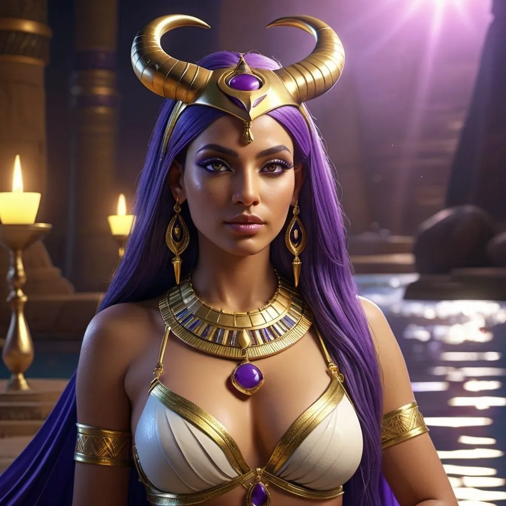 Prompt: HD 4k 3D, 8k, hyper realistic, professional modeling, ethereal Egyptian Soul Goddess Bat, beautiful, glowing olive skin, purple hair, mythical clothing and jewelry, tiara, cow ears and horns full body, cow companions, Nile River in colorful background, surrounded by ambient divine glow, detailed, elegant, surreal dramatic lighting, majestic, goddesslike aura, octane render, fantasy setting, otherworldy