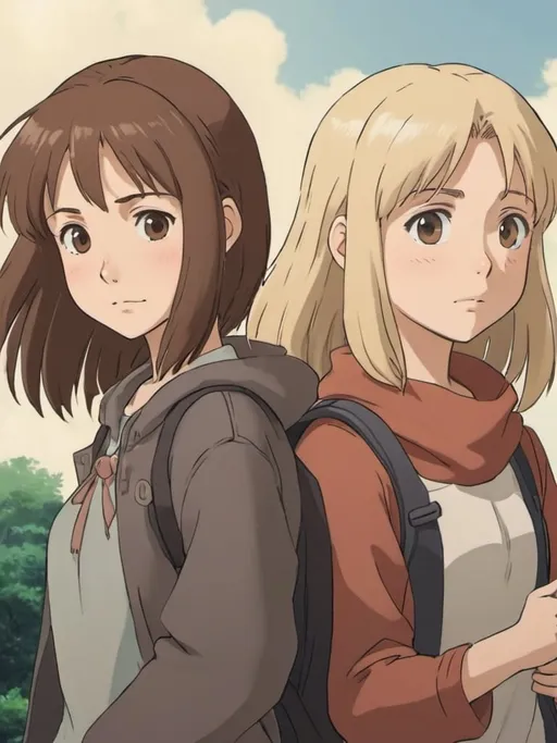 Prompt: 2d studio ghibli anime style, brown haired girl, blonde haired girl, anime scenery