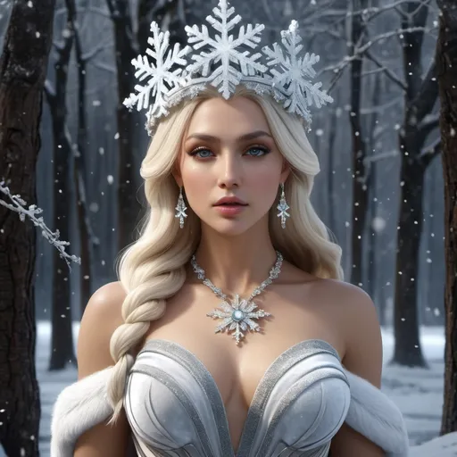 Prompt: HD 4k 3D, hyper realistic, professional modeling, ethereal Greek goddess of Winter, plantinum blonde hair, mixed skin, gorgeous face, grecian snowflake velvet and fur dress, ice jewelry and ice crown, full body, embodiment of winter, falling snow, forest, foxes and rabbits, detailed, elegant, ethereal, mythical, Greek, goddess, surreal lighting, majestic, goddesslike aura