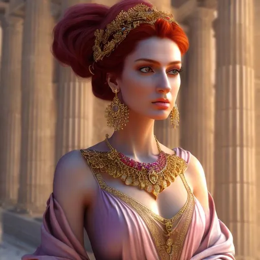 Prompt: HD 4k 3D, hyper realistic, professional modeling, ethereal Greek warrior goddess, pink and red hair, pale skin, gorgeous face, gorgeous peasant gown, modest jewelry and headband, full body, ambient glow, agriculture goddess, standing in front of flour mills, detailed, elegant, ethereal, mythical, Greek, goddess, surreal lighting, majestic, goddesslike aura