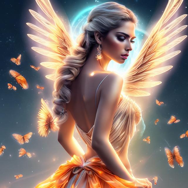 Prompt: HD 4k 3D 8k professional modeling photo hyper realistic beautiful woman ethereal greek goddess  of sunrise 
white pigtail hair pale skin gorgeous face shining gown amber jewelry amber crown she has wings like a bird full body surrounded by ambient morning glow hd landscape morning sunrise

