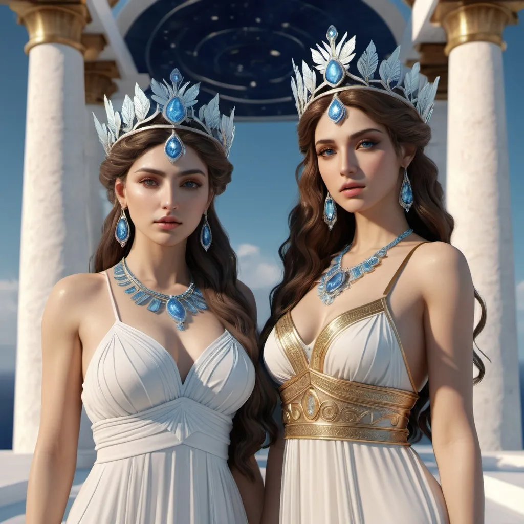 Prompt: HD 4k 3D, hyper realistic, professional modeling, ethereal Greek twin sister Goddesses, , gorgeous face, Greek dresses,  jewelry and crowns, full body, one is the goddess and embodiment of winter, the other is the embodiment and goddess of summer, detailed, elegant, ethereal, mythical, Greek, goddess, surreal lighting, majestic, goddesslike aura