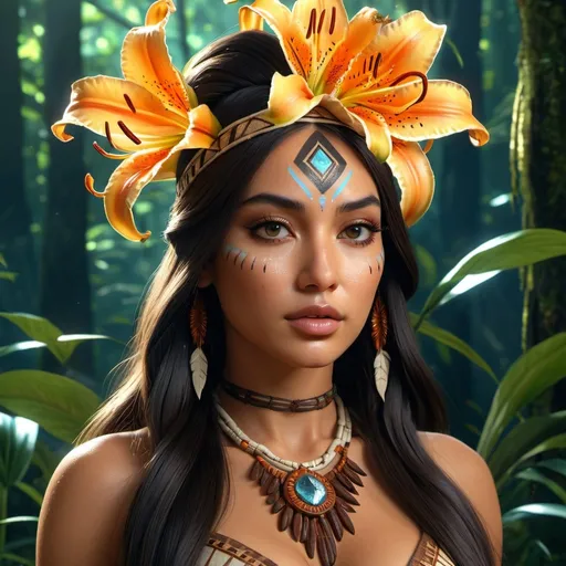 Prompt: HD 4k 3D, hyper realistic, professional modeling, enchanted Native American Princess - Tiger Lily, beautiful, magical, mystical forest, tiger lily flowers, detailed, elegant, ethereal, mythical, Greek goddess, surreal lighting, majestic, goddesslike aura