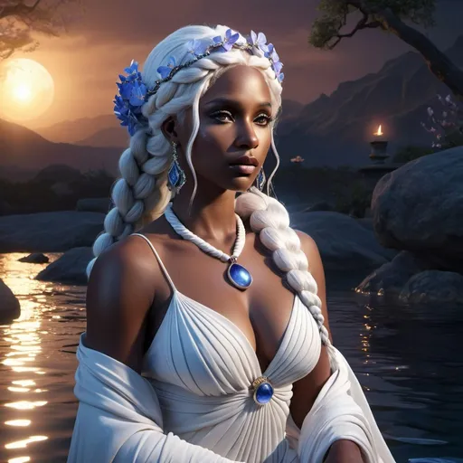Prompt: HD 4k 3D, 8k, hyper realistic, professional modeling, ethereal Greek Goddess and Sorceress, white hair bubble braid, dark skin, gorgeous glowing face, beautiful gown, black jewelry and headpiece, River, viola flowers, magical twilight, surrounded by ambient divinity glow, detailed, elegant, mythical, surreal dramatic lighting, majestic, goddesslike aura