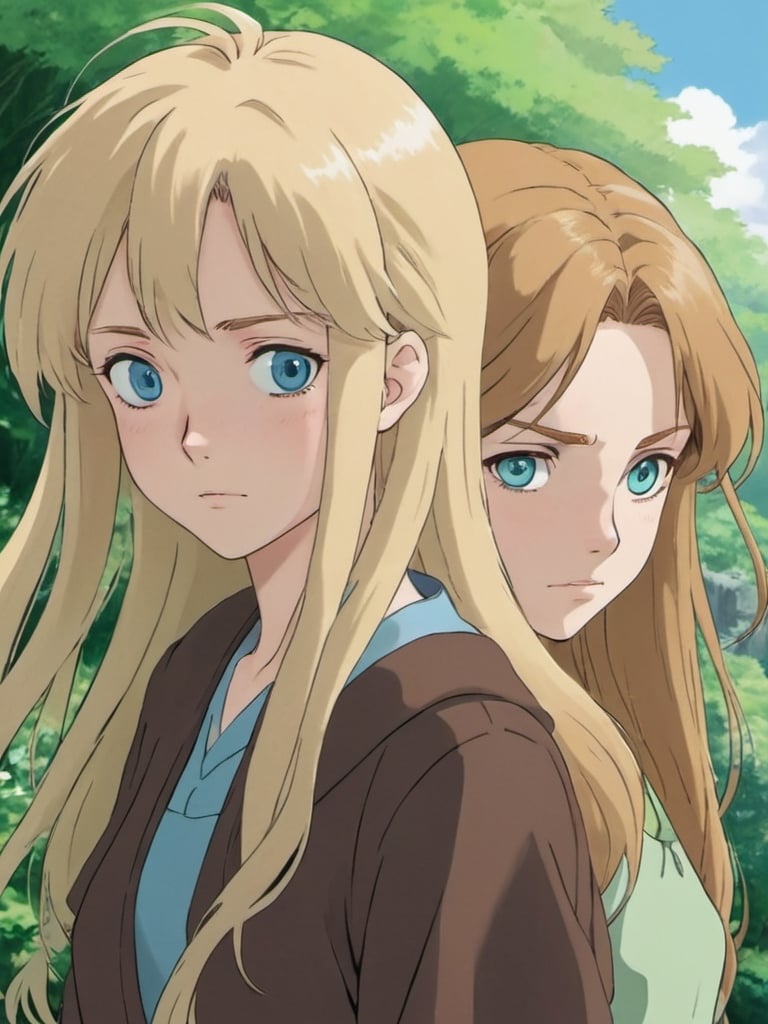 Prompt: 2d studio ghibli anime style, long brown-haired woman with blue eyes, long blonde-haired woman with green eyes, anime scenery