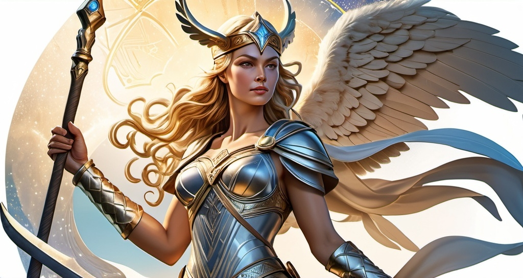 Prompt: tarot card illustration, Eir Norse Goddess Valkyrie of healing and mercy, hyperrealistic, HD 4k 3D 8k professional modeling photo, beautiful tan maiden, enchanted, battle magic, surrounded by ambient glow, magical, highly detailed, intricate, mythical background, elegant, surreal lighting, majestic, goddesslike aura