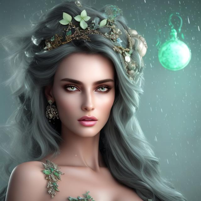 Prompt: HD 4k 3D 8k professional modeling photo hyper realistic beautiful woman ethereal greek goddess of misery
pale green wild hair gray eyes gorgeous face black skin silk greek dress with jewelry and gemstone headpiece full body surrounded by ambient glow hd landscape background standing in the raining gloomy underworld
