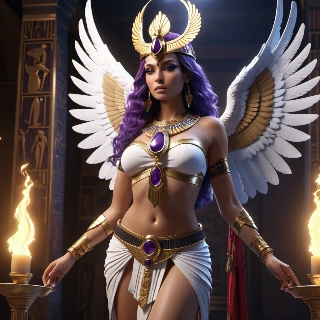 Prompt: HD 4k 3D, 8k, hyper realistic, professional modeling, ethereal Egyptian Goddess warrior style, beautiful with griffon wings, glowing beige skin, purple hair, mythical black, red, and white outfit and jewelry, diadem, full body, goddess of war, Fantasy setting, surrounded by ambient divine glow, detailed, elegant, surreal dramatic lighting, majestic, goddesslike aura, octane render, artistic and whimsical