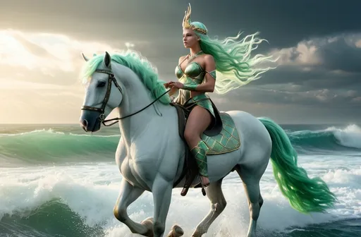 Prompt: Gna Norse Messenger Goddess,  hyper realistic, HD 4k 3D, professional modeling, ethereal, light green hair, medium skin, gorgeous face, gorgeous jewelry and headpiece, full body, she rides a flying sea-treading white horse, ambient glow, ocean landscape, detailed, elegant, ethereal, mythical, goddess, moody lighting, majestic, goddesslike aura, Norse Mythology