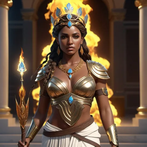 Prompt: HD 4k 3D, hyper realistic, professional modeling, ethereal Greek Goddess of Tracking, bright brown hair, dark skin, gorgeous face,  grecian female warrior, fire opal jewelry and tiara, full body, eternal bounty hunter and tracker, wild, dog companion, weapons, detailed, elegant, ethereal, mythical, Greek, goddess, surreal lighting, majestic, goddesslike aura