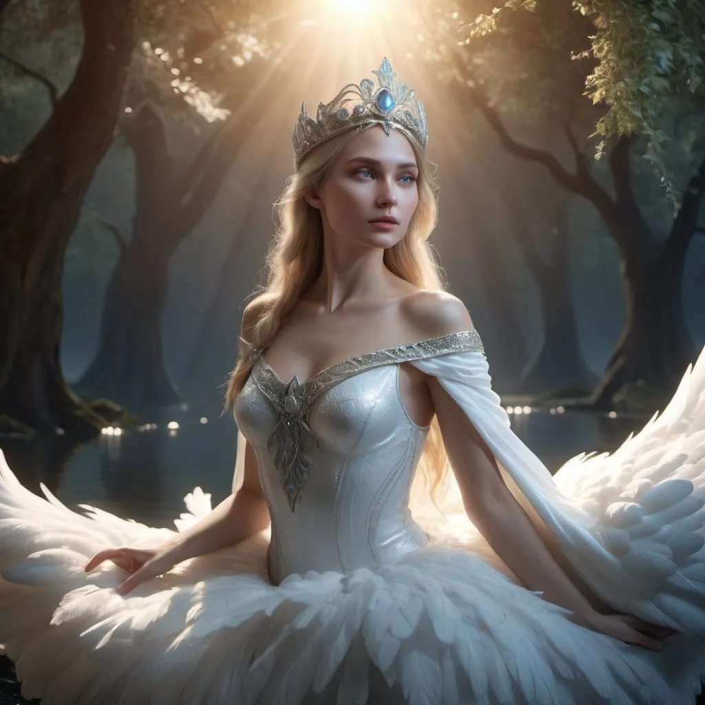 Prompt: HD 4k 3D, hyper realistic, professional modeling, enchanted Russian Princess - Odette, sorceress, beautiful, magical, Swan Lake, high fantasy background, detailed, highly realistic woman, elegant, ethereal, mythical, Greek goddess, surreal lighting, majestic, goddesslike aura