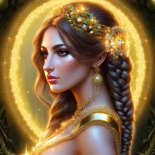 Prompt: HD 4k 3D, hyper realistic, professional modeling, ethereal  lovely Greek goddess of trees, gold bubble braid hair, brown skin, gorgeous face, gorgeous tree priestess dress, tree jewelry and priestess diadem, full body, ambient glow, tree nymph, landscape, detailed, elegant, ethereal, mythical, Greek, goddess, surreal lighting, majestic, goddesslike aura