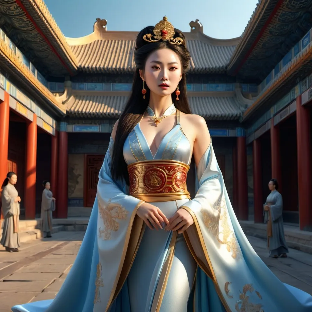 Prompt: HD 4k 3D 8k professional modeling photo hyper realistic beautiful woman Imperial Chinese Princess ethereal greek goddess gorgeous face full body surrounded by ambient glow, enchanted, magical, detailed, highly realistic woman, high fantasy background, Forbidden City courtyard China, elegant, mythical, surreal lighting, majestic, goddesslike aura, Annie Leibovitz style 

