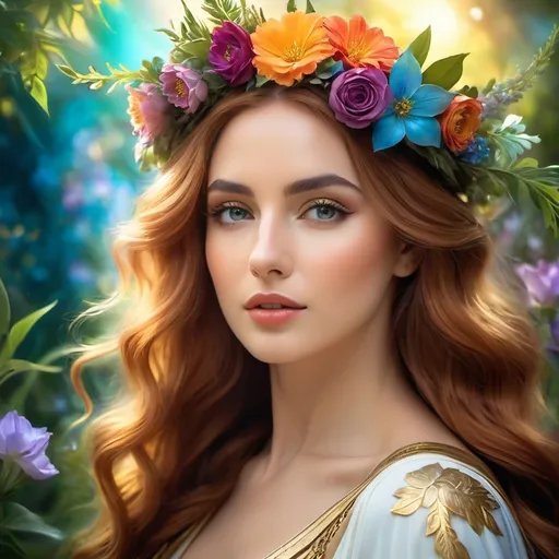 Prompt: Flora Roman Goddess of the Flowers and Spring, Pre-Raphaelite time-lapse motion blur Abstract* cyber graffiti, High resolution, detailed portrait, Midjourney style, ethereal atmosphere, flowing hair, captivating eyes, cosmic mystical aura, vibrant colors, soft lighting, professional, digital painting, enchanting presence, fantasy, dreamy, female, colorful, mystical, detailed hair, captivating gaze, professional lighting, hyper realistic, HD 4k 3D, professional modeling, ethereal, gorgeous face, flower and earth spirit, jewelry and floral crown, llush paradise garden, surrounded by flora, ambient divine glow, detailed and intricate, elegant, ethereal, mythical, goddess, radiant lighting, majestic, goddesslike aura