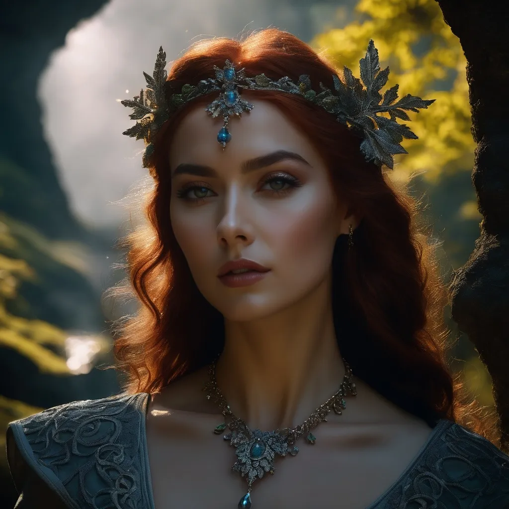 Prompt: Annis, evil English witch, hyper realistic, HD 4k 3D, professional modeling, ethereal, auburn red hair, olive skin, gorgeous face, gorgeous jewelry and headpiece, she lives in a cave with a large oak tree at the entrance in the English hills, ambient divine glow, detailed and intricate, elegant, ethereal, mythical, goddess, radiant lighting, majestic, goddesslike aura