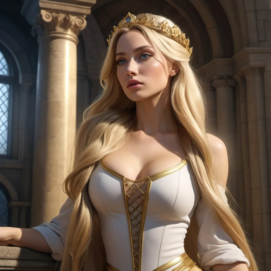 Prompt: HD 4k 3D, hyper realistic, professional modeling, enchanted modern German Princess - Rapper hip hop style Rapunzel, maiden in tower, long blonde hair, beautiful, magical, high fantasy background, detailed, highly realistic woman, elegant, ethereal, mythical, Greek goddess, surreal lighting, majestic, goddesslike aura, Annie Leibovitz style 