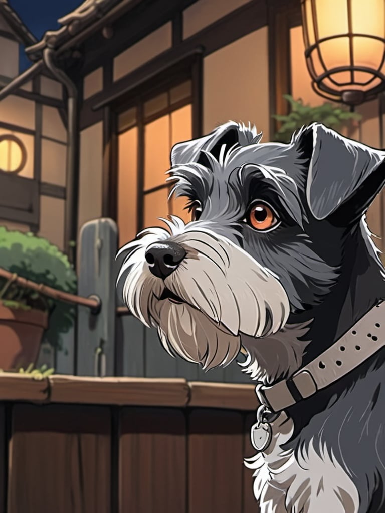 Prompt: 2d studio ghibli anime style, anime scene, black and white mini schnauzer, anime scene