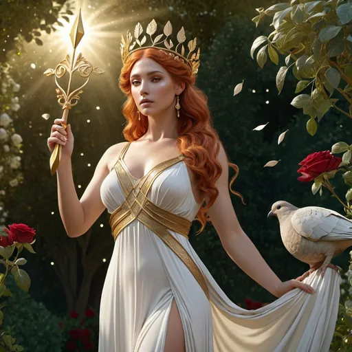 Prompt: HD 4k 3D, hyper realistic, professional modeling, ethereal Greek Muse of Lyric Poetry, light red hair, olive skin, gorgeous face, grecian gossamer gown, topaz jewelry and myrtle crown, full body, lovely, holding gold arrow, in rose garden, romantic, turtle doves,  detailed, elegant, ethereal, mythical, Greek, goddess, surreal lighting, majestic, goddesslike aura