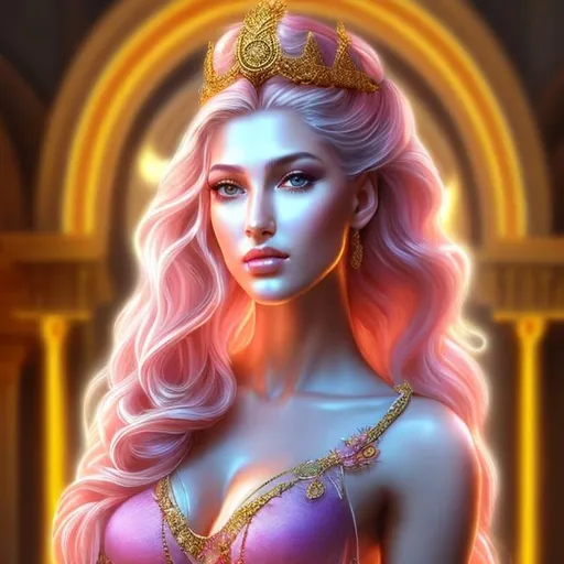 Prompt: HD 4k 3D, hyper realistic, professional modeling, ethereal Greek goddess of banquets, pink ombre hair, mixed skin, embroidered robes, gorgeous face, regal jewelry and diadem, full body, ambient glow, goddess at royal banquet, scales of justice, detailed, elegant, ethereal, mythical, Greek, goddess, surreal lighting, majestic, goddesslike aura