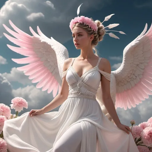 Prompt: HD 4k 3D, 8k, hyper realistic, professional modeling, ethereal Greek Goddess Princess, white braided bun, fair skin, gorgeous face, flowing dress, pink gemstone jewelry and feather diadem, full body, flying through clouds, riding on pegasus, covered in carnations, surrounded by ambient divine glow, detailed, elegant, ethereal, mythical, Greek, goddess, surreal lighting, majestic, goddesslike aura