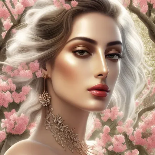 Prompt: HD 4k 3D, hyper realistic, professional modeling, ethereal  Greek goddess of poplar blossom trees, red half up hair, olive skin, gorgeous face, gorgeous poplar blossom tree dress, tree jewelry and poplar blossom headpiece, full body, ambient glow, poplar blossom tree nymph, woodpeckers, landscape, detailed, elegant, ethereal, mythical, Greek, goddess, surreal lighting, majestic, goddesslike aura