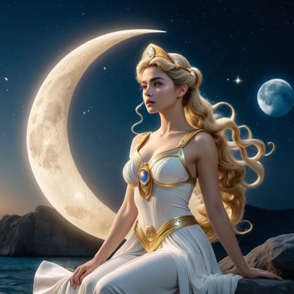 Prompt: HD 4k 3D 8k professional modeling photo hyper realistic beautiful woman enchanted Moon Princess Serenity, ethereal greek goddess, full body surrounded by ambient glow, magical, highly detailed, intricate, beautiful Sailor Moon style, Moon, lunar, outdoor landscape, highly realistic woman, high fantasy background, elegant, mythical, surreal lighting, majestic, goddesslike aura, Annie Leibovitz style 

