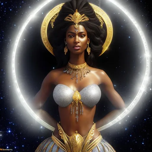 Prompt: HD 4k 3D, hyper realistic, professional modeling, ethereal Greek goddess, silver hair, black skin, glorious gold gown, gorgeous face, shining jewelry and tiara, full body, ambient glow, glorious cosmic light, beautiful bright sun goddess, powerful, detailed, elegant, ethereal, mythical, Greek, goddess, surreal lighting, majestic, goddesslike aura