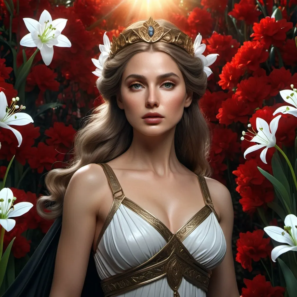 Prompt: HD 4k 3D 8k professional modeling photo hyper realistic beautiful woman English Princess ethereal greek goddess gorgeous face full body surrounded by ambient glow, snowdrop flowers vegetation, enchanted, magical, detailed, highly realistic woman, high fantasy background, elegant, mythical, surreal lighting, majestic, goddesslike aura, red and black flowers, Annie Leibovitz style 

