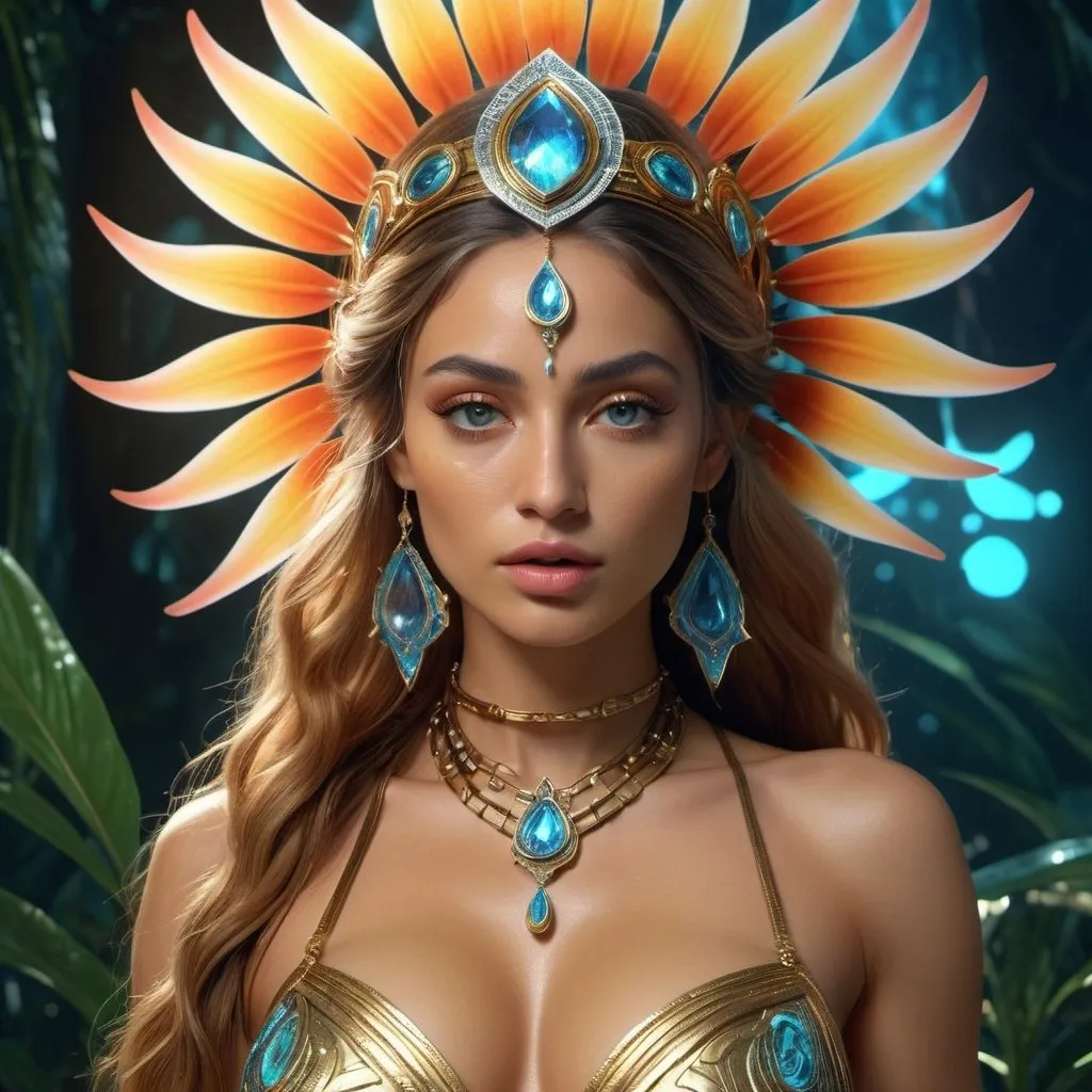 Prompt: HD 4k 3D, hyper realistic, professional modeling, enchanted Techno loving Cree Princess - Tigerlily, beautiful, magical, detailed, highly realistic woman, high fantasy background, techno trippy music lover style, elegant, ethereal, mythical, Greek goddess, surreal lighting, majestic, goddesslike aura, Annie Leibovitz style 