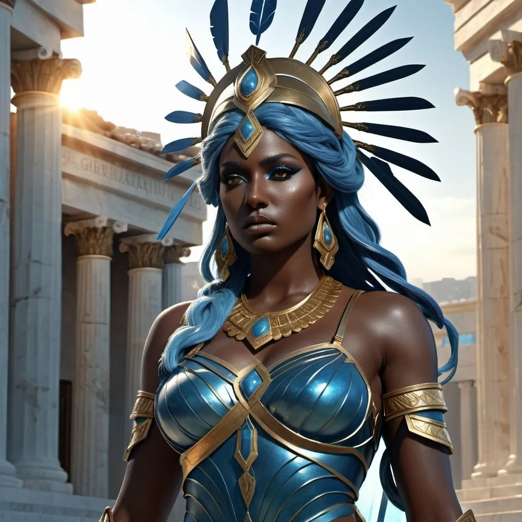 Prompt: HD 4k 3D, hyper realistic, professional modeling, ethereal Greek Goddess of Destructive War, blue hair, dark skin, gorgeous face,  grecian warrior armor, jade jewelry and headpiece, full body, destruction of cities, powerful, supreme war goddess, detailed, elegant, ethereal, mythical, Greek, goddess, surreal lighting, majestic, goddesslike aura