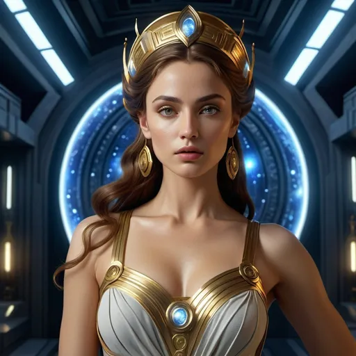 Prompt: HD 4k 3D 8k professional modeling photo hyper realistic beautiful woman Sci-Fi Space Princess ethereal greek goddess gorgeous face full body surrounded by ambient glow, cosmic, enchanted, magical, detailed, highly realistic woman, high fantasy Naboo background, elegant, mythical, surreal lighting, majestic, goddesslike aura, Annie Leibovitz style 

