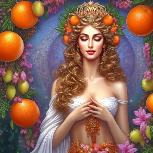 Prompt: HD 4k 3D, hyper realistic, professional modeling, ethereal Greek goddess of fruits, orange ombre hair, white skin, embroidered gown, gorgeous face, colorful jewelry and tiara, full body, ambient glow, beautiful goddess surrounded by fruits in spring, fruits and springtime,  detailed, elegant, ethereal, mythical, Greek, goddess, surreal lighting, majestic, goddesslike aura