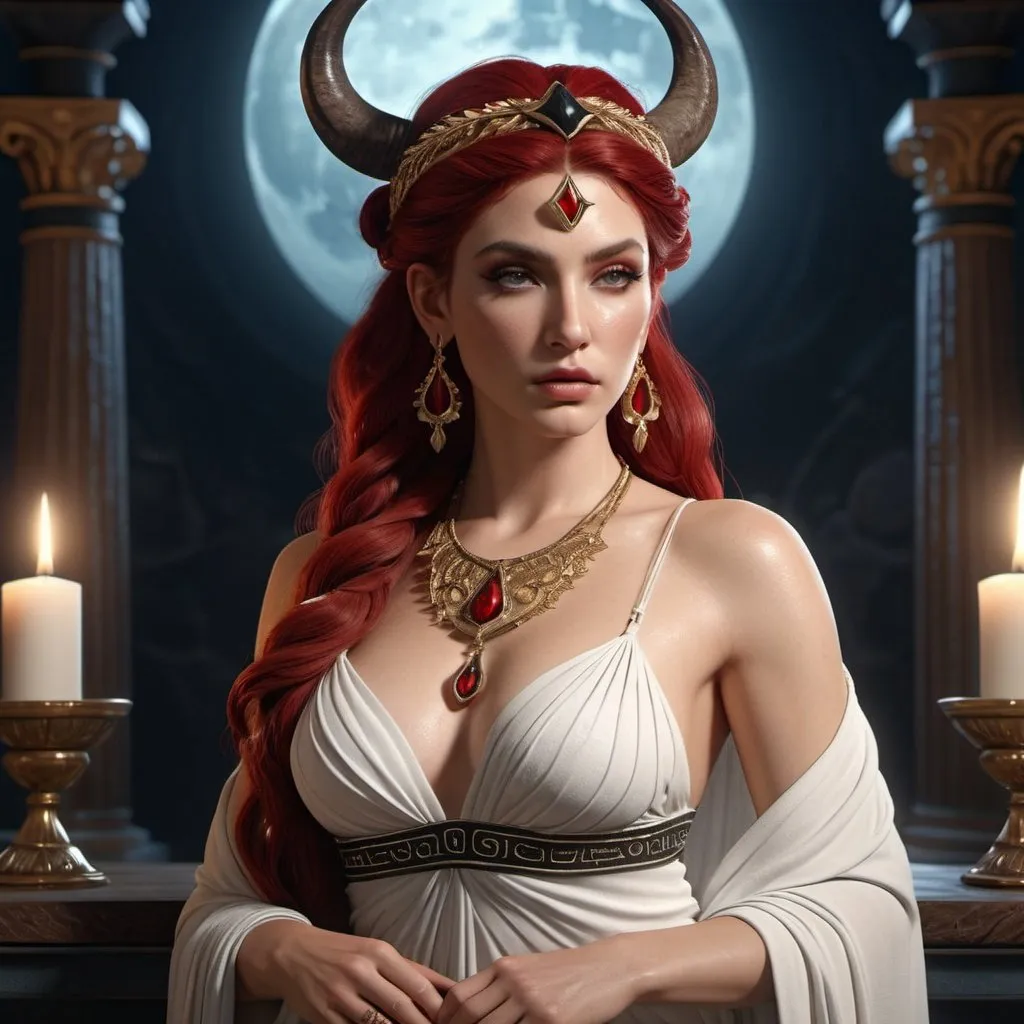 Prompt: HD 4k 3D, hyper realistic, professional modeling, ethereal Greek Goddess Witch, red half up twisted hair, ivory skin, gorgeous face, grecian embroidered gown, obsidian jewelry and headband, full body, witchcraft, sorceress, magical island, white bull companion, detailed, elegant, ethereal, mythical, Greek, goddess, surreal lighting, majestic, goddesslike aura