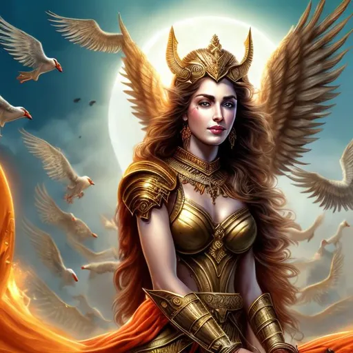 Prompt: HD 4k 3D 8k professional modeling photo hyper realistic beautiful woman ethereal greek goddess of divine retribution
orange hair dark eyes gorgeous face mixed skin elegant greek armor with whip and dagger and jewelry angel wings close up surrounded by ambient glow hd landscape background she is riding in a chariot drawn by griffins and geese are flying overhead
