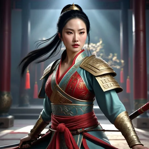 Prompt: HD 4k 3D, hyper realistic, professional modeling, enchanted ancient Chinese dynasty warrior Princess - Hua Mulan, beautiful, magical, detailed, highly realistic woman, high fantasy background, China, elegant, ethereal, mythical, Greek goddess, surreal lighting, majestic, goddesslike aura, Annie Leibovitz style 