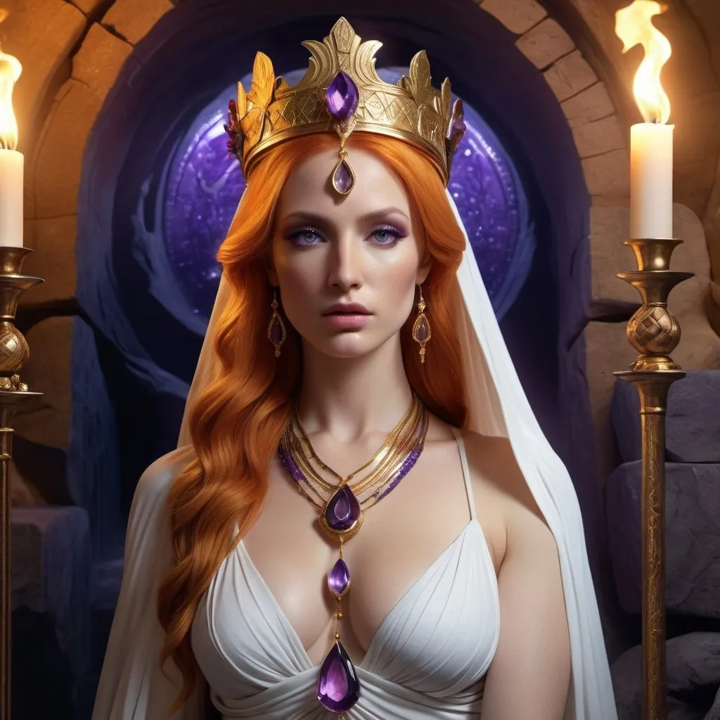 Prompt: HD 4k 3D, 8k, hyper realistic, professional modeling, ethereal Greek Goddess and Oracle of Delphi, orange hair, pale skin, gorgeous glowing face, high priestess white gown, purple veil, tourmaline jewelry and gold crown, cavern with fumes and vapors, mysterious cave adorned with oleander flowers, fortune teller and diviner, large python, surrounded by ambient divinity glow, detailed, elegant, mythical, surreal dramatic lighting, majestic, goddesslike aura