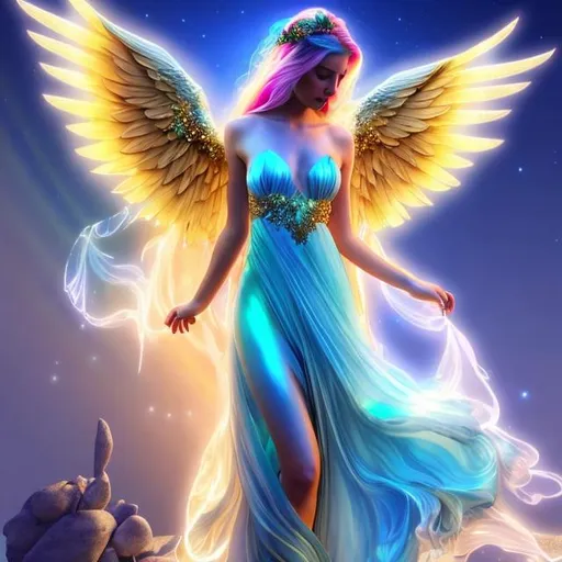 Prompt: HD 4k 3D, hyper realistic, professional modeling, ethereal Greek goddess of the Rainbow, rainbow hair, gorgeous rainbow dress, gemstone jewelry and headpiece, angel wings, full body, ambient glow, creating a beautiful rainbow, dazzling light, landscape, detailed, elegant, ethereal, mythical, Greek, goddess, surreal lighting, majestic, goddesslike aura