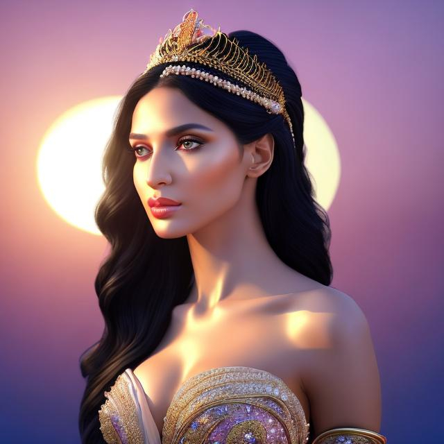 Prompt: HD 4k 3D, hyper realistic, professional modeling, ethereal Greek goddess of sunset, soft white hair, black skin, gorgeous face, pinkish red evening gown, elegant jewelry and tiara, full body, soft ambient glow of sunset on the horizon, alluring goddess, evening sky, sun setting in the sky, detailed, elegant, ethereal, mythical, Greek, goddess, surreal lighting, majestic, goddesslike aura