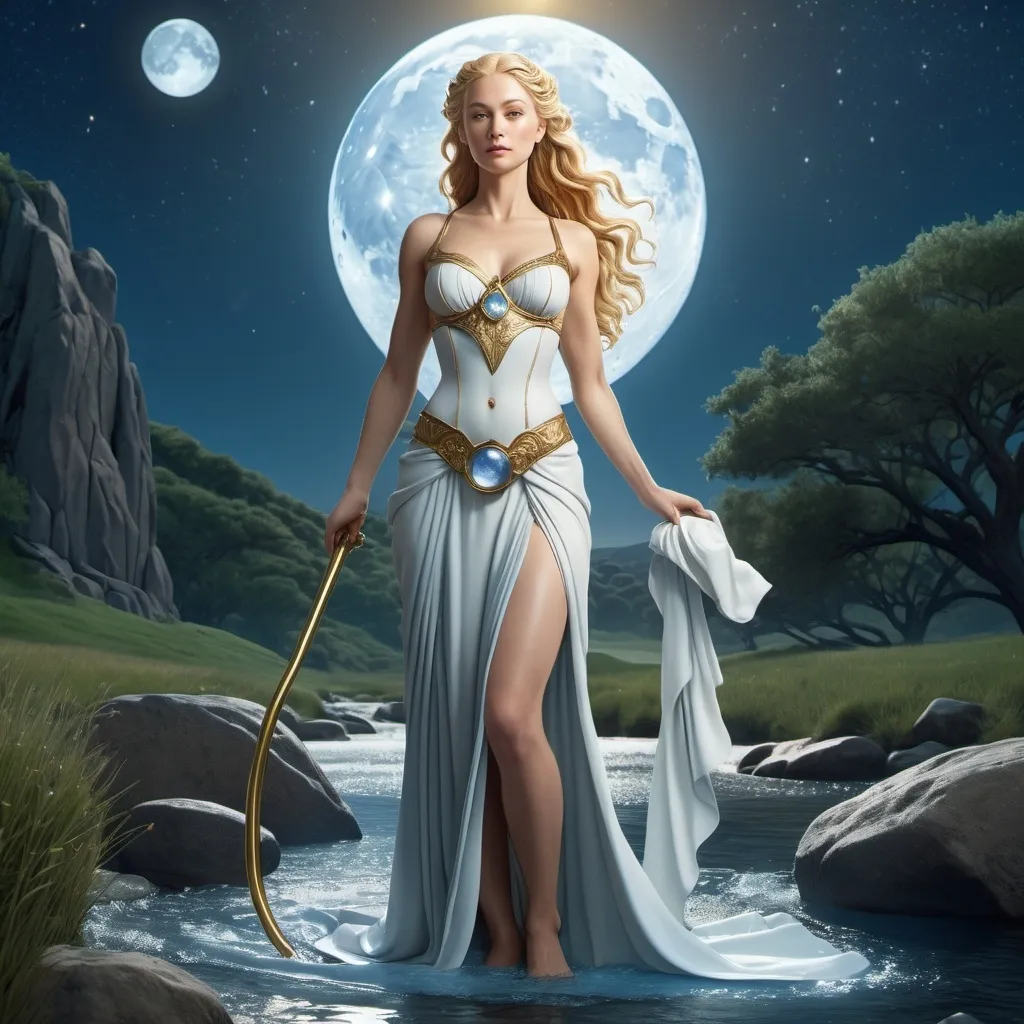 Prompt: tarot card Anime illustration, Bil Norse Goddess of lunar phases, waxing and waning moon, hyperrealistic dramatic lighting,vHD 4k 3D 8k professional modeling photo, beautiful pale woman enchanted, carrying pail of water, full body surrounded by ambient glow, magical, highly detailed, intricate, outdoor  landscape, high fantasy background, elegant, mythical, surreal lighting, majestic, goddesslike aura, Annie Leibovitz style 